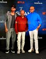 Hrithik Roshan (left) with uncle Rajesh Roshan (middle) and father Rakesh Roshan (right) in 2025