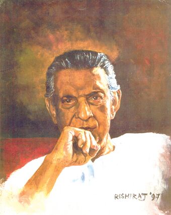 A portrait of Satyajit Ray wearing a white Kurta and right-hand kept on his chin