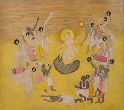 Caitanya dances with followers in a puddle of his own tears. Followers include Śivananda, Rūpa Gusāṁī, Murāri Gupta, Haridāsa Ṭhākura, Mukuṁda, and Nityānanda Prabhu. Kisangarh painting, c. 1750.