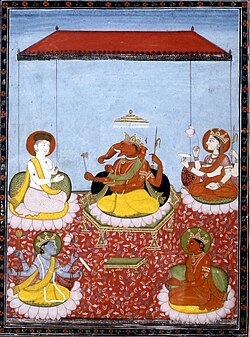 The five primary deities of Smarta in a Ganesha-centric panchayatana: Ganesha (centre) with Shiva (top left), Adi Shakti (top right), Vishnu (bottom left), and Surya (bottom right)