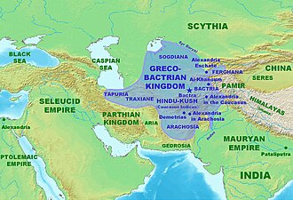 Approximate maximum extent of the Greco-Bactrian Kingdom under the reign of Eucratides the Great, including the regions of Tapuria and Traxiane to the west, Sogdiana and Ferghana to the north, Bactria and Arachosia to the south.