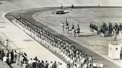 Indian athletes in formal clothing at the 1951 Asian Games