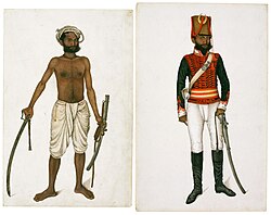 Kala, the Sepoy, with Saber Drawn and in Uniform. Two miniatures from the Fraser Album. Delhi, 1815-1816. The David Collection