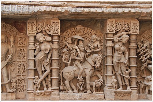 Kalki incarnation (centre), women with lipstick or twig (left), and with monkey (right)