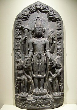11th-century Vishnu sculpture the goddesses Lakshmi and Sarasvati. The edges show reliefs of Vishnu avatars Varaha, Narasimha, Balarama, Rama, and others. Also shown is Brahma. (Brooklyn Museum)[206]