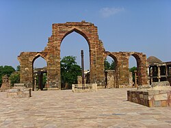 The Quwwat-ul-Islam ("Might of Islam") mosque, at the Qutb complex in Delhi, started in 1193 CE by Qutb-ud-din-Aibak to mark his victory over the Rajputs