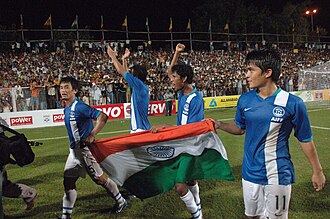The captain of Indian Football team, Bhaichung Bhutia celebrating along with other players after winning the final