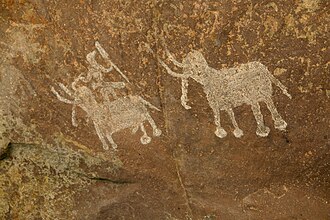 Mesolithic rock painting, Bhimbetka rock shelters, a UNESCO World Heritage Site in Raisen