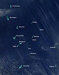 Satellite picture showing the atolls of the Lakshadweep except for Minicoy