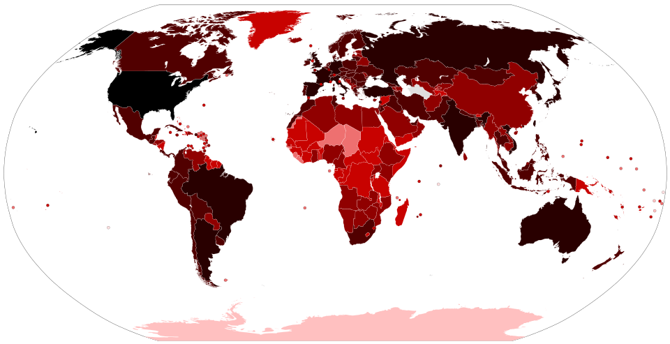 Map of the 2019–20 COVID-19 outbreak &nbsp;&nbsp;100,000+ confirmed cases &nbsp;&nbsp;10,000–99,999 confirmed cases &nbsp;&nbsp;1,000–9,999 confirmed cases &nbsp;&nbsp;100–999 confirmed cases &nbsp;&nbsp;10–99 confirmed cases &nbsp;&nbsp;1–9 confirmed cases &nbsp;&nbsp;No confirmed cases, no population, or no data available
