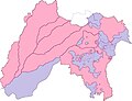 Map of Punjab in 1947, with princely-state territory in purple & direct British-rule in pink.