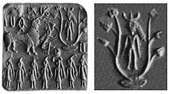Horned deity with one-horned attendants on an Indus Valley seal. Horned deities are a standard Mesopotamian theme. 2000-1900 BCE. Islamabad Museum.[74][web 4][75][76]