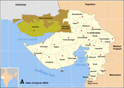 Map of Gujarat showing the Little Rann of Kutch and Great Rann of Kutch