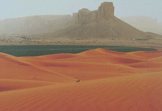 The An Nafud desert in the outskirts of Riyadh with the Jabal Tuwaiq in the background