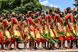Girls adorned for cultural dance in district Ranchi (Jharkhand) on the occasion of Karma Puja