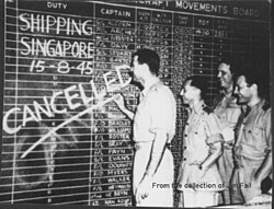 The last bombing raid of World War II by 99, 356 and 321 Squadrons is cancelled, 15 August 1945.[81]
