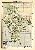 The Indian peninsula in 1700, showing the Mughal Empire and the European trading settlements.