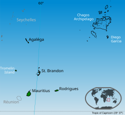 Islands of the Republic of Mauritius labelled in black; Chagos Archipelago and Tromelin are claimed by Mauritius.