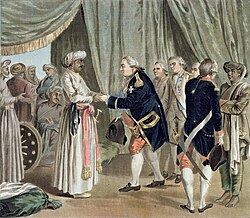 Suffren meeting with ally Hyder Ali in 1782, J. B. Morret engraving, 1789