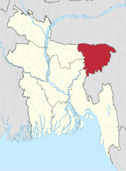 Map of Bangladesh with the Sylhet Division in Red