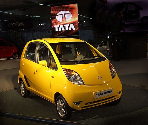 Shown here is the Tata Nano, the world's least expensive car.[186] The Tata Nano was manufactured in Sanand, Gujarat.