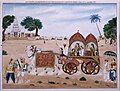 Bejewelled Sikh women in a bullock carriage, temple in the background, family on foot in front, c.1874