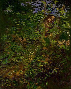 Painting by Abbott Thayer and Richard Meryman for Thayer's 1909 book, wrongly suggesting that the peacock's plumage was camouflage.