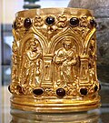 Hamsa birds between the architectural spires on the Bimaran casket, 1st century CE