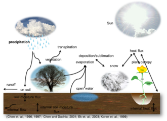 Water typically evaporates over water surfaces like oceans and is transported to land via the atmosphere. Precipitation, such as rain and snow, then brings it back to the surface. A system of rivers brings the water back to oceans and seas.