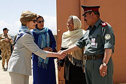 Habiba Sarabi and Laura Bush meeting Afghan National Police commander in Bamyan, Afghanistan