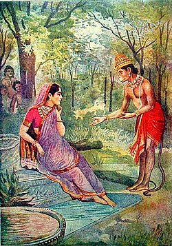 Hanuman's visit, in bazaar art with a Marathi caption, early 1900s.jpg