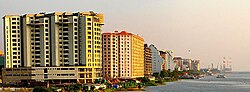 A wide view of the buildings lining the Marine Drive
