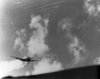 Special attack pilot Lieutenant Yoshinori Yamaguchi's Yokosuka D4Y diving at the carrier Template:USS, 25 November 1944.