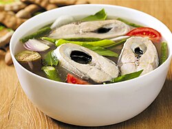 Chunky soup in a white bowl