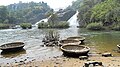 Bharachukki Falls is where tourists can access the waterfall basin. The circular thing in the foreground is a boat.
