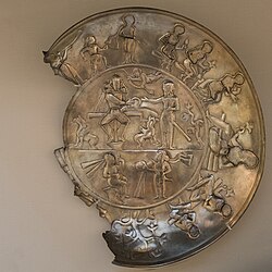 Possible Kushano-Sasanian plate, excavated in Rawalpindi, Pakistan, 350-400 CE.[14] British Museum 124093.[15][16]