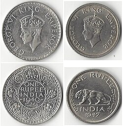 One rupee coins showing George VI, King-Emperor, 1940 (left) and just before India's independence in 1947 (right)[lower-alpha 9]