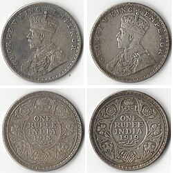 Silver one rupee coins used in India during the British Raj, showing George V, King-Emperor, 1913 (left) and 1919 (right)