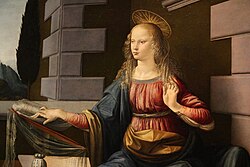 Detail of Leonardo da Vinci's Annunciation (c. 1472–1475) shows the Virgin Mary reading the Bible.