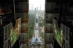 Fully integrated GSLV-F05 coming out of the Vehicle Assembly Building.