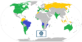 Map of the Community of Portuguese Language Countries; member states (blue), associate observers (green), and officially-interested countries & territories (gold)