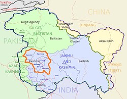 Kashmir division (bordered orange) shown within the wider Kashmir region