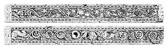 Reliefs of the Mora doorjamb with grapevine design, Mora, near Mathura, circa 15 CE. State Museum Lucknow, SML J.526.[117] Similar scroll designs are known from Gandhara, from Pataliputra, and from Greco-Roman art.