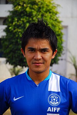 Sunil Chhetri in India blue jersey in 2008 with old AIFF crest.