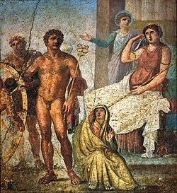Fresco from Pompeii of the punishment of Ixion, showing the god Mercury holding a Caduceus