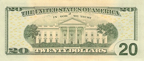 North front of the White House on the reverse (back) of the U.S. $20 bill.