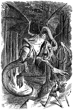 John Tenniel's illustration of the Jabberwock for Lewis Carroll's Through the Looking-Glass, showing the dragon as a myopic professor[25]