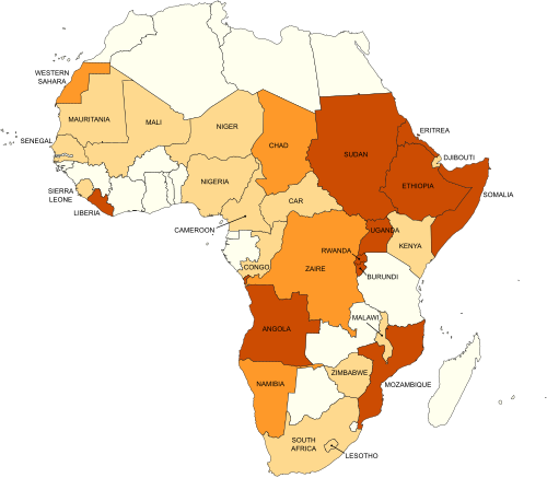 Africa's wars and conflicts, 1980–96 &nbsp;&nbsp;Major Wars/Conflict (>100,000 casualties) &nbsp;&nbsp;Minor Wars/Conflict &nbsp;&nbsp;Other Conflicts