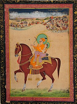 Equestrian painting of Prithviraj Chauhan and Samyukta, Rajasthani School, circa 19th century.jpg