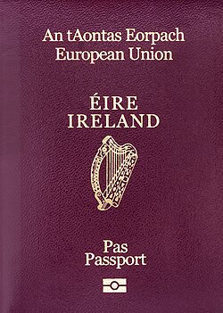 A passport, displaying the name of the member state, the national arms and the words "European Union" given in their official language(s) (Irish version pictured)